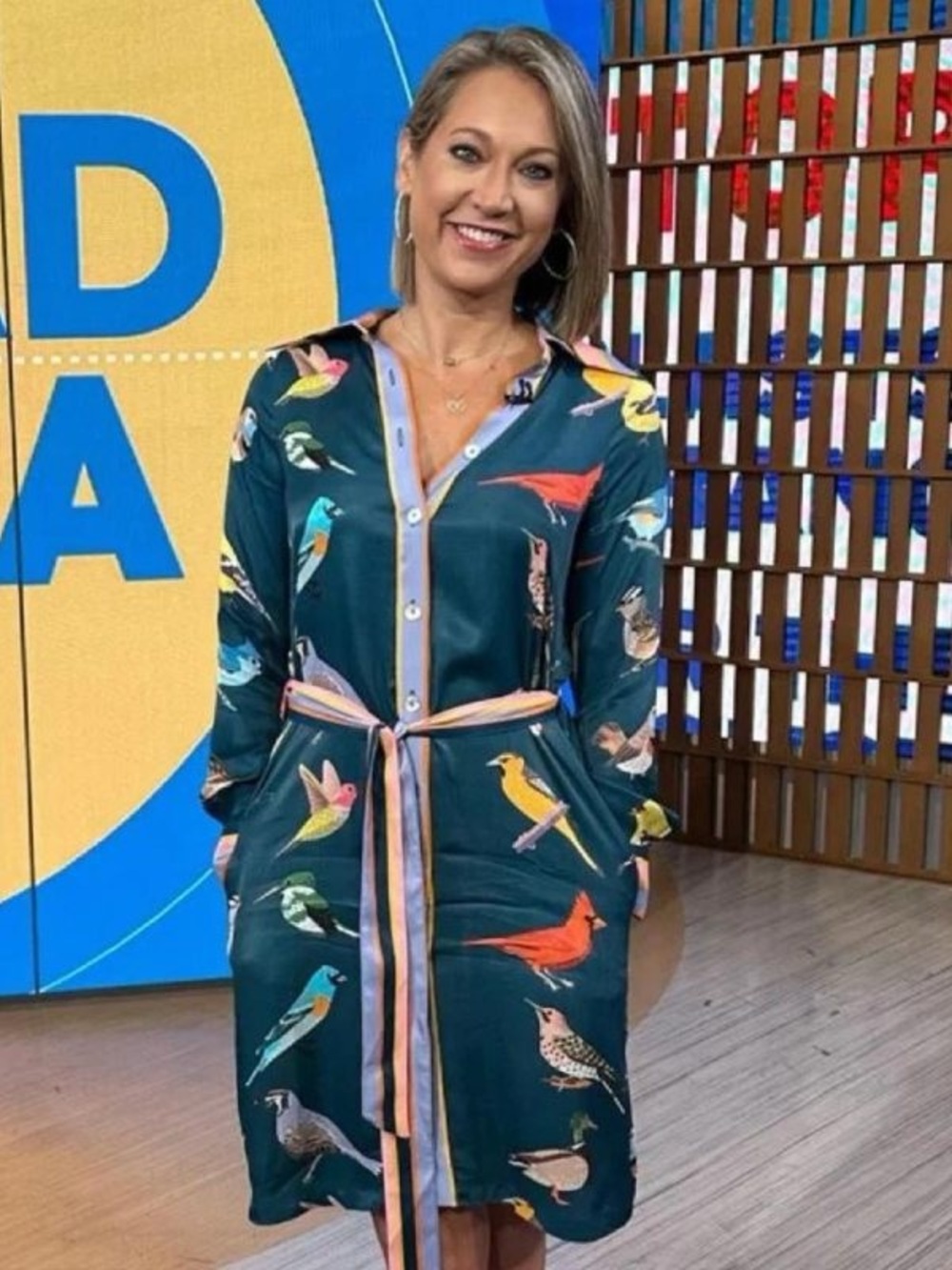 Bird-Print Long Sleeve Shirt Dress in Teal with Self-Tie Belt